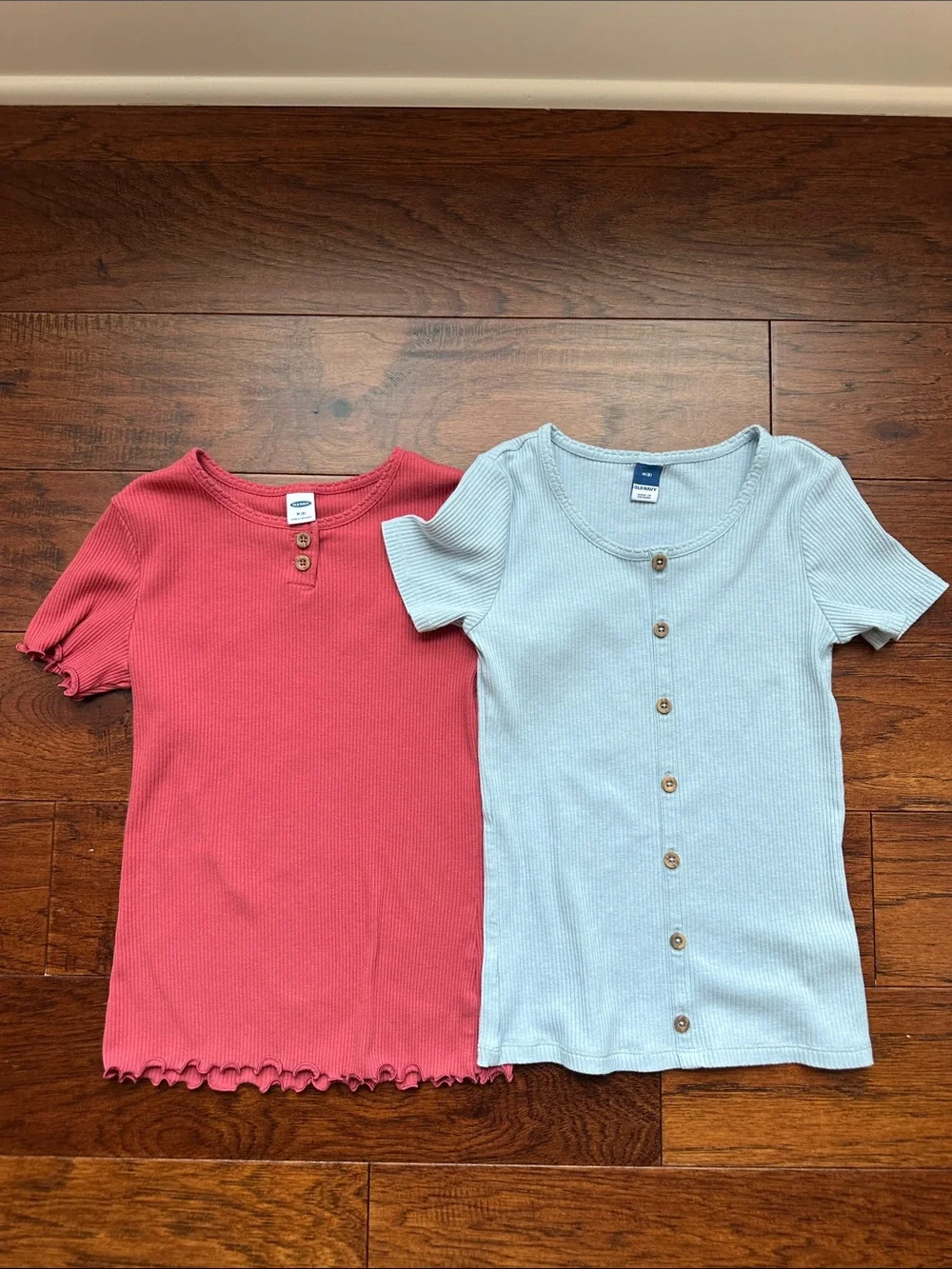 Old Navy Girls Short-Sleeve Ribbed Button Tops - Brick Red and Light Blue